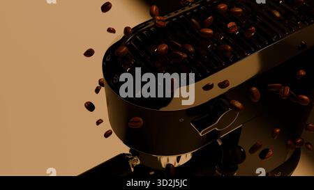 Ein stimmungsvolles Foto einer Espressomaschine, während geröstete Kaffeebohnen vor dunklem Hintergrund durch die Luft streuen. Glänzende Metalloberflächen und Stockfoto