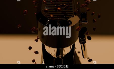 Ein stimmungsvolles Foto einer Espressomaschine, während geröstete Kaffeebohnen vor dunklem Hintergrund durch die Luft streuen. Glänzende Metalloberflächen und Stockfoto