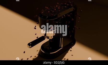 Ein stimmungsvolles Foto einer Espressomaschine, während geröstete Kaffeebohnen vor dunklem Hintergrund durch die Luft streuen. Glänzende Metalloberflächen und Stockfoto