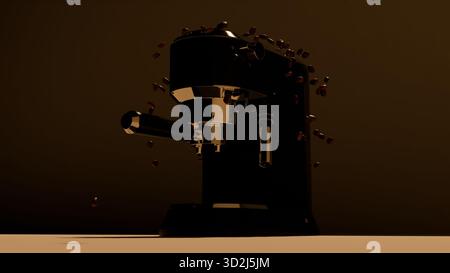 Ein stimmungsvolles Foto einer Espressomaschine, während geröstete Kaffeebohnen vor dunklem Hintergrund durch die Luft streuen. Glänzende Metalloberflächen und Stockfoto