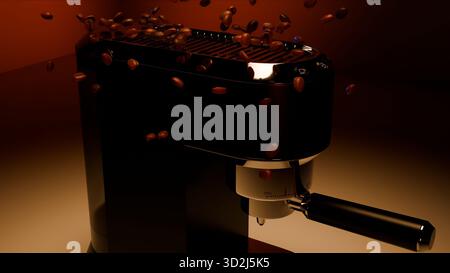 Ein stimmungsvolles Foto einer Espressomaschine, während geröstete Kaffeebohnen vor dunklem Hintergrund durch die Luft streuen. Glänzende Metalloberflächen und Stockfoto