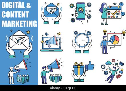 Digital Marketing Team Set, Personalillustrationen für Inhaltsstrategie, soziale Medien und E-Commerce Stock Vektor