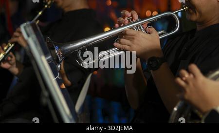 Der Musiker in der Band spielt während des Nachtkonzerts eine fokussierte Trompete. Der Mann erzeugt einen schönen Klang mit Messinginstrumenten vor dunklem Hintergrund Stockfoto