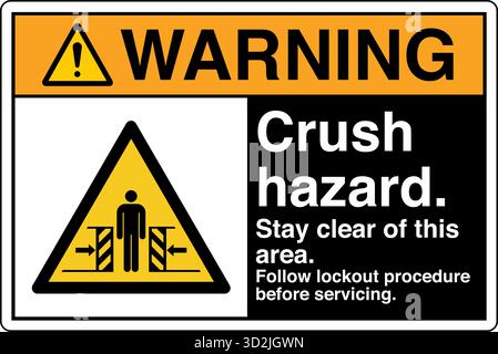 Sicherheitsschild – Aufklemmkraft von zwei Seiten warnt vor potenziellen Quetschgefahren, wenn sich Maschinen oder Gegenstände aus entgegengesetzten Richtungen bewegen. Stock Vektor