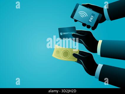 Entwicklung des Verbraucherverhaltens und der Übergang von herkömmlichen Bargeldtransaktionen zu digitalen und kontaktlosen Zahlungen Stock Vektor