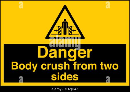 Sicherheitsschild – Aufklemmkraft von zwei Seiten warnt vor potenziellen Quetschgefahren, wenn sich Maschinen oder Gegenstände aus entgegengesetzten Richtungen bewegen. Stock Vektor
