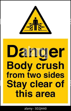 Sicherheitsschild – Aufklemmkraft von zwei Seiten warnt vor potenziellen Quetschgefahren, wenn sich Maschinen oder Gegenstände aus entgegengesetzten Richtungen bewegen. Stock Vektor