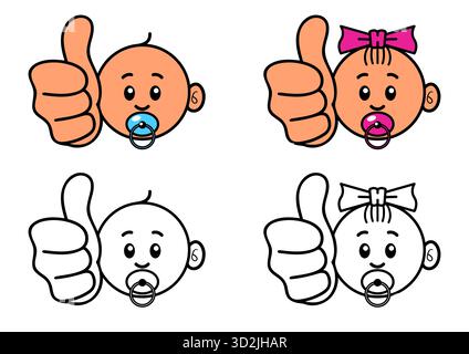 Symbole für Babys mit Daumen nach oben, Jungen- und Mädchenvariationen, farbig und konturiert Stock Vektor