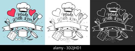 Hergestellt mit Love Cooking Logo Design, Küchenwerkzeuge Vektor in 3 Farben Stock Vektor