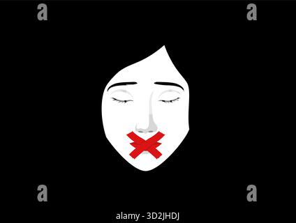 Minimalistische Vektor-Illustration eines Frauengesichts mit rotem Band, das ein X über ihrem Mund bildet. Symbolisiert Zensur, Schweigen, geschlechtsspezifische Gewalt, o Stock Vektor