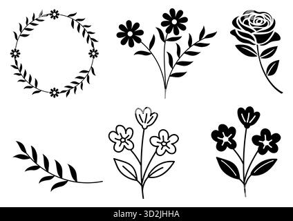 Kollektion minimalistischer, handgezeichneter Blumensymbole im schwarzen Silhouettenstil. Umfasst Blumensträuße, Kranz, Rose, Blätter und Stiele. Ideal für Logos Stock Vektor