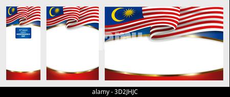 Malaysische Nationalflagge im dynamischen, wellenförmigen Stil. Umfasst drei Formate, vertikale mobile Formate und Postervorlagen mit Leerraum für Kunden Stock Vektor