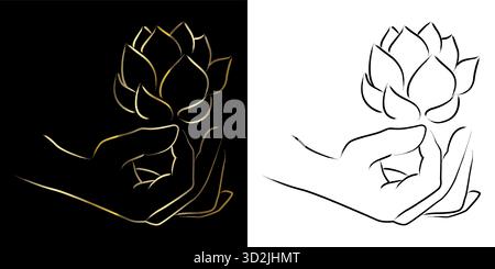 Elegante, minimalistische Linienzeichnung einer menschlichen Hand, die eine Lotusblume in Schwarz auf weiß und Gold auf schwarzen Versionen hält. Symbolisiert Yoga, Frieden, Achtsamkeit Stock Vektor
