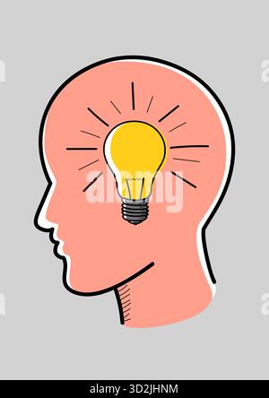 Kreatives Denkkonzept, Vektorillustration eines menschlichen Kopfes mit einer glühenden Glühbirne im Inneren, die kreatives Denken, Innovation und Ideen symbolisiert. Stock Vektor