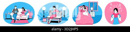 Leute lesen Bücher in verschiedenen entspannten Umgebungen, ein Paar liest auf einem Sofa, ein Mädchen liest auf einer Parkbank, eine Mutter und ihr Sohn lesen im Bett, Stock Vektor