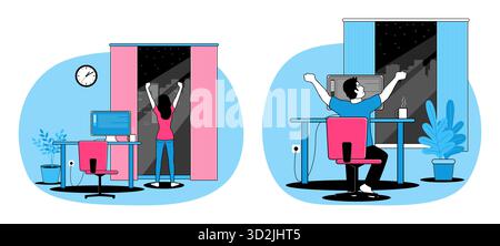Arbeiten spät in der Nacht Vektor-Illustration Set, männlich und weiblich Stock Vektor