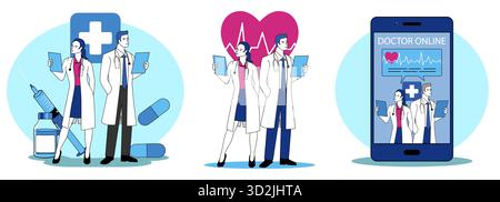 Modernes Gesundheitswesen und Online Arzt Beratung Vektor Illustration Set Stock Vektor