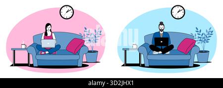 Remote-Arbeit von zu Hause aus Vektor-Illustration, Mann und Frau mit Laptops auf dem Sofa Stock Vektor