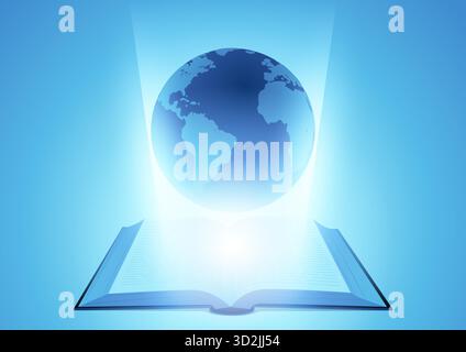Illustration Des Konzepts Des Internationalen Alphabetisierungstages. Die Erde taucht aus dem offenen Buch auf. Stock Vektor