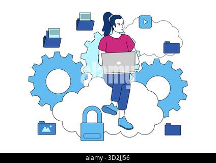 Frau, die mit Laptop in Clouds arbeitet, Remote-Arbeit, Cloud-Computing, online, Vektorillustration Stock Vektor