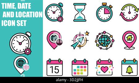 Symbolsatz für Uhrzeit, Datum und Positionszeile mit Sanduhr, Kalender, Uhr, Stoppuhr, Kartenstift, GPS-Flagge, Kugelpunkt und andere Symbole für UI, UX und Stock Vektor