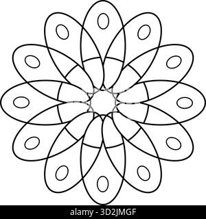 Geometrische Linienkunstblume mit symmetrischen mehrschichtigen Blütenblättern, die ein Mandala-Muster bilden, isoliert auf weißem Hintergrund, perfekt für moderne dekorative Blumen Stock Vektor
