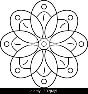 Stilisierte symmetrische Blume mit dekorativen Linien und Punkten, die einen einfachen geometrischen Mandala-Blumenvektor bilden, ideal für Kinder Malvorlagen Stock Vektor