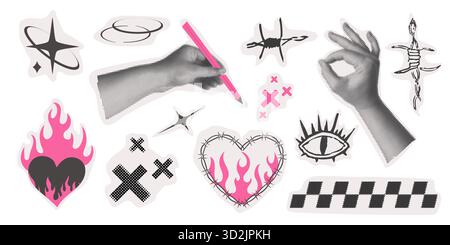 Set aus geometrischen Y2K-Elementen, Herz mit Flamme, Stacheldraht, Collage-Halbtonhände, Doodle-Augen. Groovige Cyber-Retro-Designelemente. . Vektorabbildung Stock Vektor