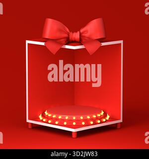 Leere rote Retro-Glühlampe runder Podestplatz im Ausstellungsstand Geschenkbox Ecke Produktanzeige Mockup Ausstellungsstand mit roter Schleife auf dunkler Oberfläche Stockfoto