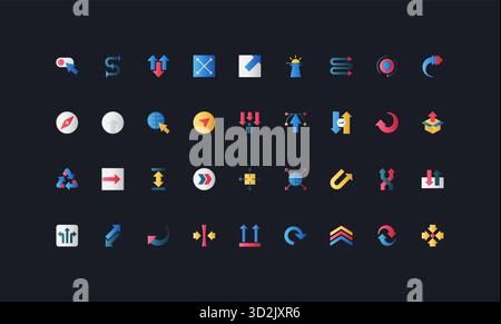 Symbole im flachen Verlauf mit verschiedenen Pfeilrichtungen, Navigations-, Drehungs- und Bewegungssymbolen auf dunkler UI-Hintergrundvektorgrafik für Benutzeroberfläche und Workflow-Design. Stock Vektor