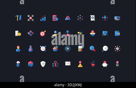 Symbole im flachen Farbverlauf mit Blockchain, Kryptowährung, Mining, Wallet, Sicherheit, Transaktion, Finanzen und Analysen auf dunkler UI-Hintergrundvektorillustration. Stock Vektor
