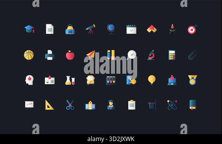 Symbole im flachen Farbverlauf mit Schule, Wissenschaft, Lernen, Sport, Schreibwaren, Leistung und Präsenzelemente auf dunkler UI-Hintergrund-Vektorillustration. Stock Vektor