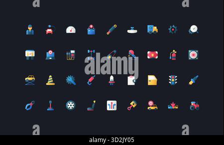 Symbole im flachen Farbverlauf mit Mechanik, Diagnose, Reparaturwerkzeugen, Autoteilen, Wartung, und Fahrzeug-Service-Elemente auf dunkler UI-Hintergrund-Vektorillustration. Stock Vektor
