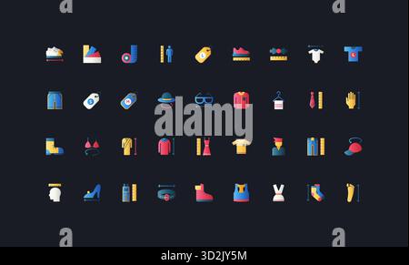 Flache Symbole mit Farbverlauf, Größe, Größe, Bekleidungsanhänger, Schuhe, Accessoires, und Anpassung von Symbolen auf dunkler UI-Hintergrundvektorgrafik. Stock Vektor