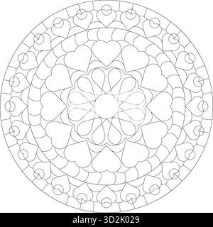 Das schwarze Muster mit Herz-Mandala-Muster und detaillierter Blumensymmetrie sorgt für ein entspannendes, dekoratives, kreisförmiges Design, das sich perfekt zum Ausmalen von Seiten eignet Stock Vektor