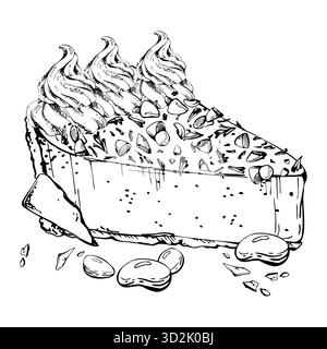 Zephyr-Meringue, Schokoladensouffle-Torte, geschichtete Käsekuchen-Portion mit Schlagsahne-Krone, Süßigkeiten-Dragees und Chips in Vektortinte. Isolierte Hand Stock Vektor