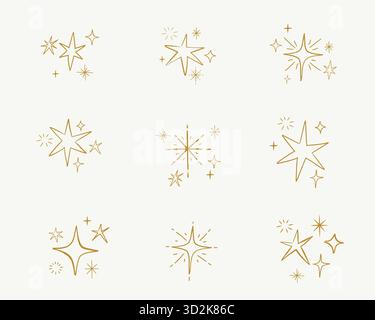 Abstrakte, minimalistische Kollektion mit goldenen linearen Sternen für Weihnachten, Geburtstag und Neujahr Stock Vektor