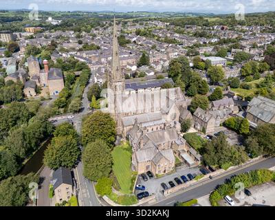 Aus der Vogelperspektive die Kathedrale von Lancaster, auch bekannt als die Kathedrale St. Peter und St. Peter's Cathedral, Lancashire, Großbritannien. Stockfoto