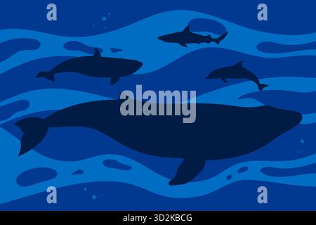 Blauer Unterwasserhintergrund mit Silhouetten eines Wals, Delfins, Killerwals und eines Hais. Vektorabbildung Stock Vektor