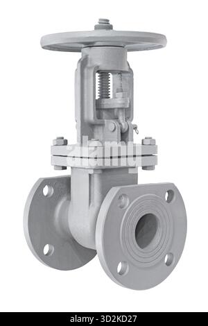 Großes industrielles Absperrventil aus Stahl, Wasserhahn, Wasserhahn, isoliert auf weißem Hintergrund Stockfoto