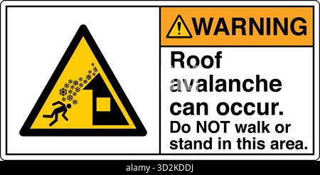 Das „Sicherheitsschild: Dachlawine kann auftreten – in diesem Bereich nicht gehen oder stehen“ warnt Personen vor der Gefahr von Schnee oder Eis von Dächern. Stock Vektor