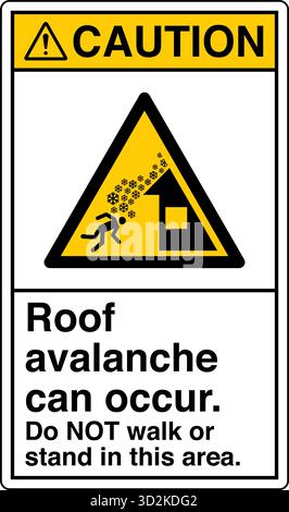 Das Sicherheitsschild Dachlawine kann auftreten. Nicht in diesem Bereich gehen oder stehen. Warnt Personen vor der Gefahr von Schnee oder Eis von Dächern. Stock Vektor