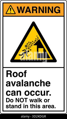 Das Sicherheitsschild Dachlawine kann auftreten. Nicht in diesem Bereich gehen oder stehen. Warnt Personen vor der Gefahr von Schnee oder Eis von Dächern. Stock Vektor