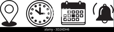 Symbole für Standort, Uhrzeit, Kalender und Benachrichtigungszeile, Vektorsymbolsatz für App-UI, Ereignisplanung und Erinnerungssysteme Stock Vektor