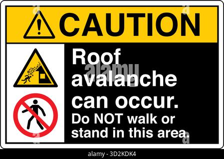 Das Sicherheitsschild Dachlawine kann auftreten. Nicht in diesem Bereich gehen oder stehen. Warnt Personen vor der Gefahr von Schnee oder Eis von Dächern. Stock Vektor
