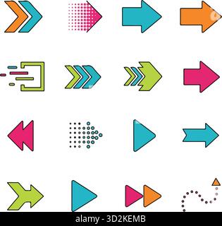 Schwarzer Pfeil-Symbolsatz, verschiedene Symbole für Verpackung, Bewegungszeiger, Media Player-Bedienelemente, Wegbeschreibungen und UI-Schaltflächen in flachem Vektor-styl Stock Vektor
