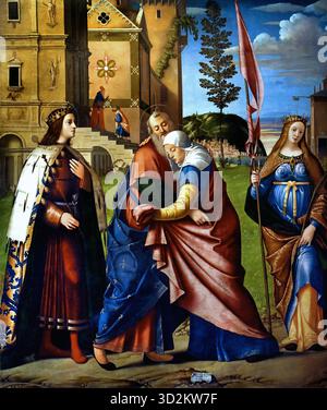Incontro di Gioacchino e Anna con San Luigi IX e Santa Libera - Treffen von Joachim und Anna mit Saint Louis IX und Saint Libera, Italien, Italienisch, (Louis IX, allgemein bekannt als Saint Louis, war König von Frankreich 1214-1270) Vittore Carpaccio (Venedig 1460-1526) Italien Italienisch Stockfoto