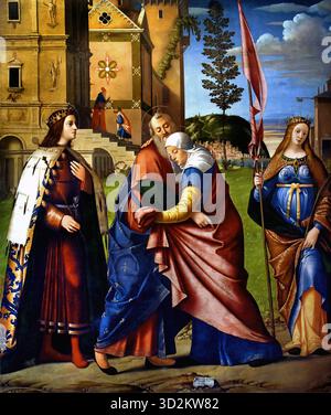 Incontro di Gioacchino e Anna con San Luigi IX e Santa Libera - Treffen von Joachim und Anna mit Saint Louis IX und Saint Libera, Italien, Italienisch, (Louis IX, allgemein bekannt als Saint Louis, war König von Frankreich 1214-1270) Vittore Carpaccio (Venedig 1460-1526) Italien Italienisch Stockfoto