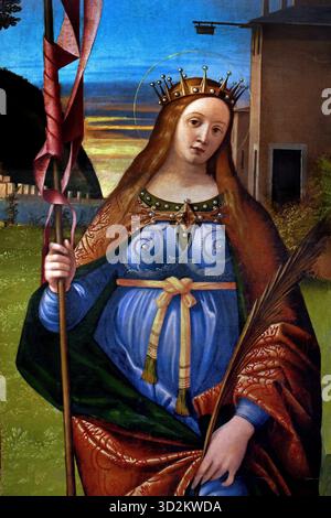 Incontro di Gioacchino e Anna con San Luigi IX e Santa Libera - Treffen von Joachim und Anna mit Saint Louis IX und Saint Libera, Italien, Italienisch, (Louis IX, allgemein bekannt als Saint Louis, war König von Frankreich 1214-1270) Vittore Carpaccio (Venedig 1460-1526) Italien Italienisch Stockfoto