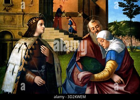 Incontro di Gioacchino e Anna con San Luigi IX e Santa Libera - Treffen von Joachim und Anna mit Saint Louis IX und Saint Libera, Italien, Italienisch, (Louis IX, allgemein bekannt als Saint Louis, war König von Frankreich 1214-1270) Vittore Carpaccio (Venedig 1460-1526) Italien Italienisch Stockfoto